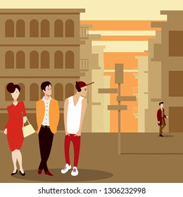 people standing in the background of the city