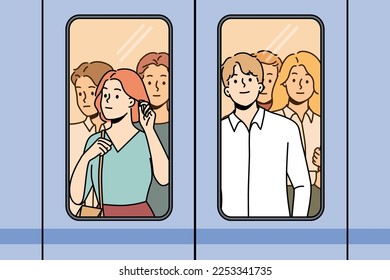 People standing behind glass in metro. Crowd near doors in subway train. Public transportation. Vector illustration. 