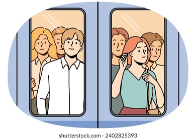 People standing behind glass in metro. Crowd near doors in subway train. Public transportation. Vector illustration.