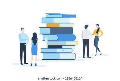 People standing behind stack of giant books and talking to each other. Concept of knowledge, academic conference, educational event, literary festival or fair. Modern flat vector illustration.