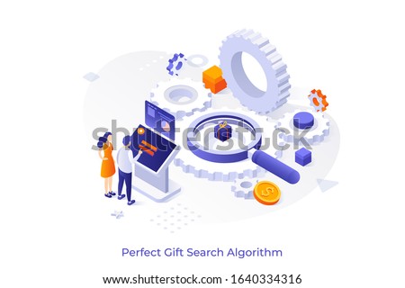 People standing beside control panel, giant gear wheels, magnifying glass, present box. Concept of online search for perfect gift, finding present on internet. Modern isometric vector illustration. 
