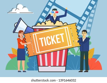 People standing with big ticket, popcorn bucket, 3D glasses. People in cinema concept. Poster for social media, web page, banner, presentation. Flat design vector illustration