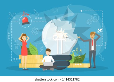 People standing at the broken bulb. Business failure concept. Lack of creativity, bad idea. Vector illustration in cartoon style