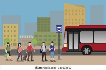 people standing at the bus stop in the city vector