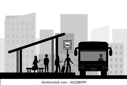 people standing at bus stop in the city silhouette vector