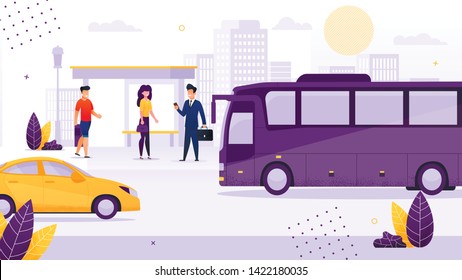 People Standing at Bus Stop Flat Cartoon Vector Illustration. Cartoon Woman and Men Waiting for Public Transport. Transportation around City. Passenger Going to Vehicle. Businessman with Suitcase.