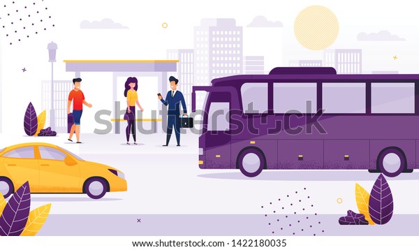 バス停に立つ人々のフラットな漫画のベクターイラスト 公共交通機関を待つ漫画の女性と男性 市内の交通機関 乗り物に行く乗客 スーツケースを持つ実業家 のベクター画像素材 ロイヤリティフリー 1422180035