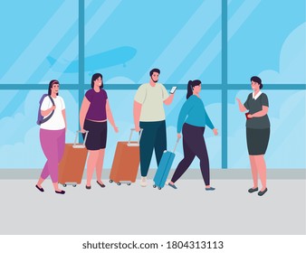 people standing to check in, order to register for flight, women and man with baggages waiting for plane departure at airport vector illustration design