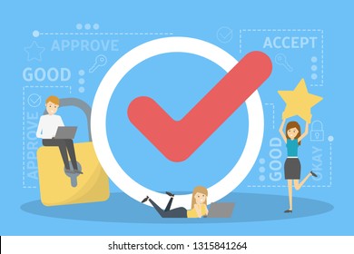 People standing at check sign. Done symbol. Task complete. Good job. Isolated vector illustration in cartoon style