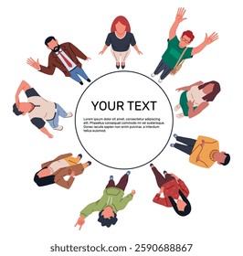 People standing in circle top view. Happy women and men looking and pointing with finger. Surprised characters, frame with copy space. Cartoon flat isolated decorative vector concept