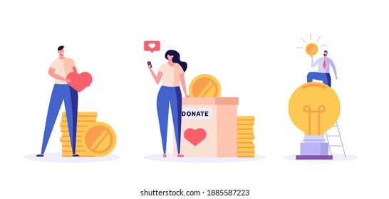 People standing with coin and donating money. Crowdfunding. Concept of donation, volunteering, donation box, charity. Vector illustration in flat design for book, banner, card