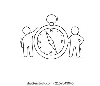 People Standing With Compass. Scene For Search For Right Direction Of Business Development, Travel. Cartoon Hand Drawn Vector Illustration For Planning.