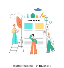 People standing and creating huge user manual flat style, vector illustration isolated on white background. Team of men workers making up user guide for their business, web development concept