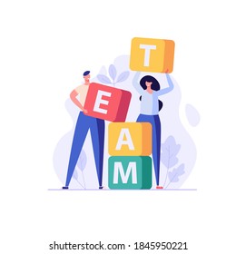 People standing with cubs where write word TEAM. Concept of teambuilding, successful teamwork, corporatism, workflow, brainstorm, help each other. Vector illustration in flat design 