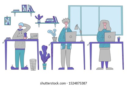 People standing at the desk and working. Office cute characters. Small business concept. Employees coworking isolated. Vector flat cartoon color illustration.