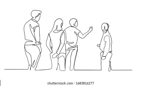 People Standing And Discussing Business Next To A Wall Desk Vector Single Line Illustration.