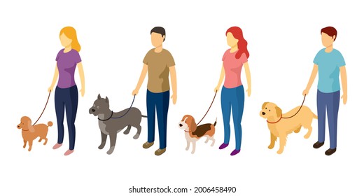 People Standing with Dog on Leash, Isometric View, Men and Women