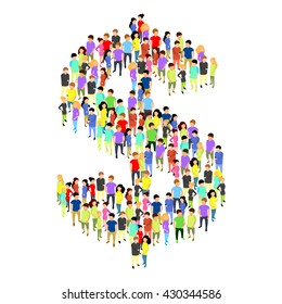 People standing as dollar sign flat isometric 3d vector illustration. Symbol concept idea. Creative people collection.