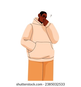 People with question mark standing. Doubt man think, reflect about troubles. Puzzled guy solve riddle, ask solution. Worried person remember. Flat isolated vector illustration on white background.
