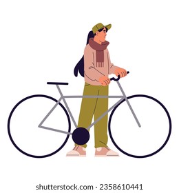 People standing with eco friendly transport. Woman on bike ride in city. Girl hold bicycle, person with cycle. Active lifestyle, healthy hobby. Flat isolated vector illustration on white background