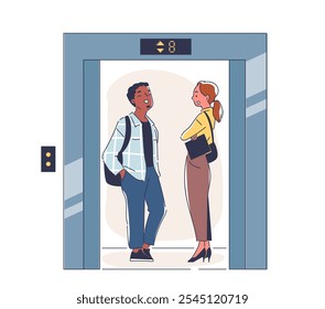 People standing in elevator. Man and woman communicating. Workers in business center hall. Employee talking in office. Linear vector illustration isolated on white background