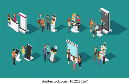 People standing at expo promotional stands vector 3d isometric set. Exhibition promotional and demonstration panel, promo desk for shop illustration