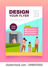 People standing at flight registration counter. Family, baggage, ticket flat vector illustration. Travelling and vacation concept for banner, website design or landing web page