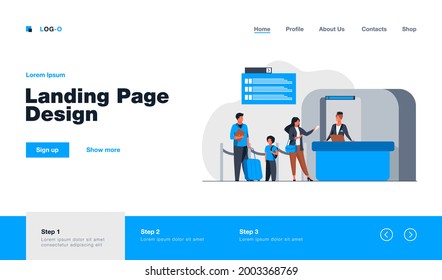 People standing at flight registration counter. Family, baggage, ticket flat vector illustration. Travelling and vacation concept for banner, website design or landing web page