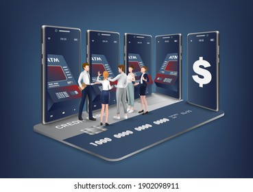 People standing in front of the ATM and talking about business for convey a financial transaction through an application on a smartphone,vector business concept design