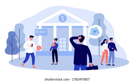 People standing in front of bank building and thinking. Money, cash, coin flat vector illustration. Finance and banking concept for banner, website design or landing web page