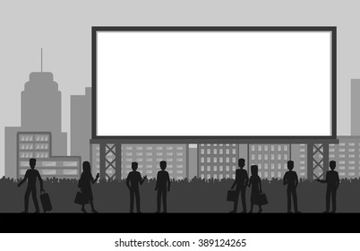 people standing in front of big blank billboard with city background, silhouette vector illustration