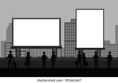 people standing in front of big blank billboard with city background, vector illustration