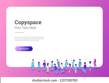 People standing in front of Horizontal Blank banner poster window with Copyspace vector illustration mockup