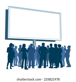People are standing in front of large blank billboard