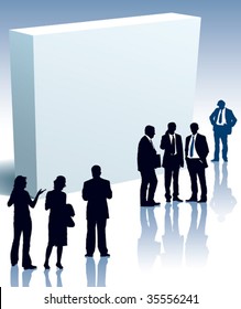 People are standing in front of a large blank box.