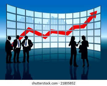 People are standing in front of a large display, conceptual business illustration.