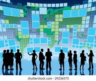 People are standing in front of a large display with world map, conceptual business illustration. The base map is from Central Intelligence Agency Web site.