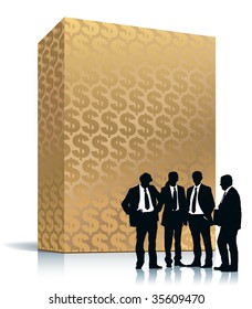 People are standing in front of large golden box with dollar background