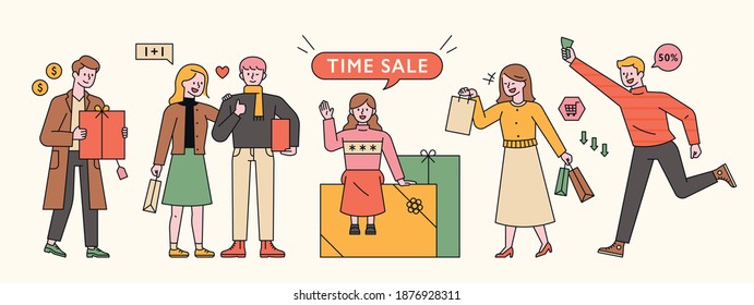 People are standing with gift boxes and shopping bags. Time Sale Event Batter Character. flat design style minimal vector illustration.