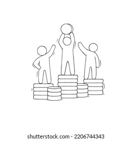 People standing of gold coins stacks. Business financial increase, growth of salary or investment concept. Vector hand drawn illustration of workers and leader with coin