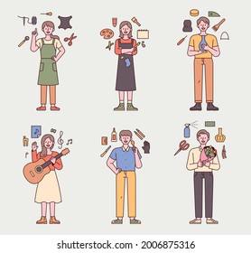 People are standing with hobby items in their hands. Icons are floating around. outline simple vector illustration.