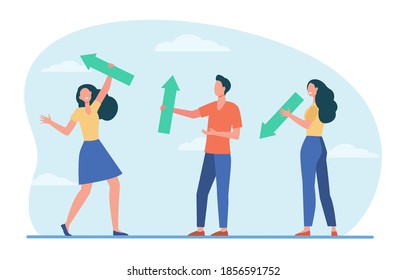 People standing and holding arrows. Sign, up, down flat vector illustration. Direction and growth concept for banner, website design or landing web page