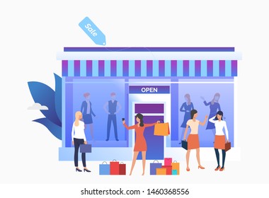 People standing and holding bags near shop front. People choosing and buying clothes in shop. Fashion outlet, boutique concept. Vector illustration can be used for topics like business, shopping, sale