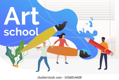 People standing and holding big paintbrushes and pencil. Workshop, craft, knowledge concept. Presentation slide template. Vector illustration for topics like study, education, art school