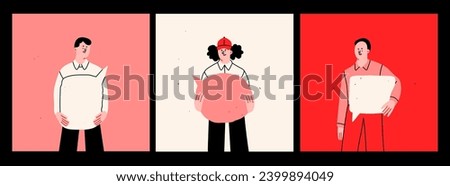 People standing and holding blank empty Speech bubbles. Social media, chat, conversation, message, contact, meeting concept. Cartoon style isolated characters. Hand drawn square Vector illustrations