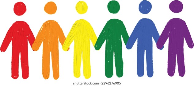 People standing holding hands  with rainbow oil paint brush  style watercolor,LGBT  Pride month watercolor texture concept. vector