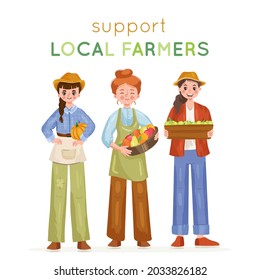 people standing and holding vegetables and fruits. vector template support local farmers