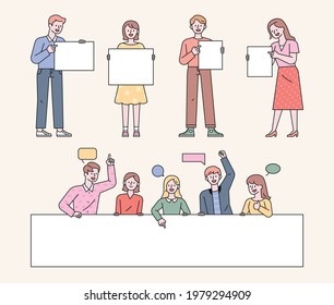 People are standing holding a white board. People are making comments behind a large white banner. flat design style minimal vector illustration.