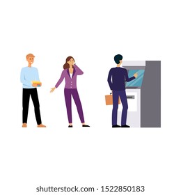 People standing in line for ATM machine in the bank to withdraw money, cartoon men and woman waiting for cash transaction, hand drawn isolated flat vector illustration on white background
