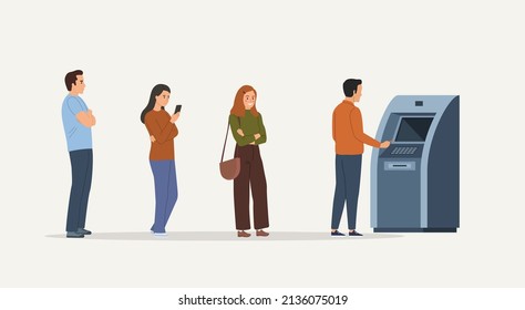 People standing in line to atm machine.  Vector flat style cartoon illustration